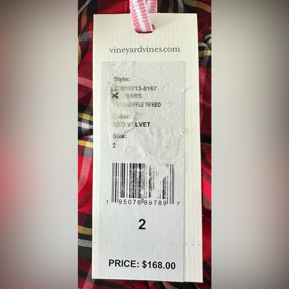 NWT Vineyard Vines Plaid Ruffle Tiered Dress Red Velvet Rayon Metallic - Picture 12 of 12
